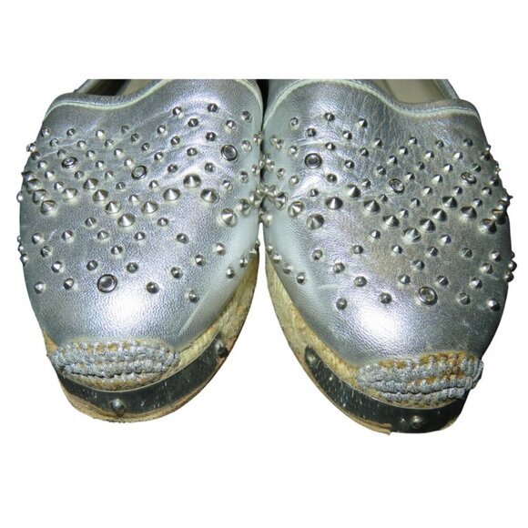 Giuseppe Zanotti Silver Metallic Italian Leather Studded Adorned  Espadrilles 7 - Picture 3 of 10